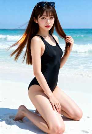 ビーチで黒い水着を着て、頭の上にサングラスをかけてポーズをとる若い女性を横から撮った...。