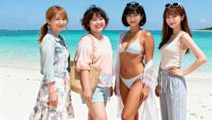 ターコイズブルーの海と澄んだ青い空を背景に、熱帯のビーチに一緒に立っている 4 人の...。