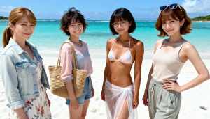 ターコイズブルーの海と澄んだ空を背景に、熱帯のビーチに一緒に立っている 4 人の若い...。