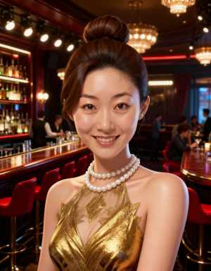ポートレートカメラの角度から撮影された、豪華なバーの雰囲気の若いアジア人女性の写実的...。