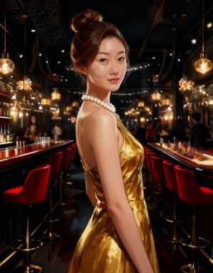 首に真珠が付いた金色のドレスを着て、薄暗いバーの真ん中に立つ若い女性の写実的なポートレート。
