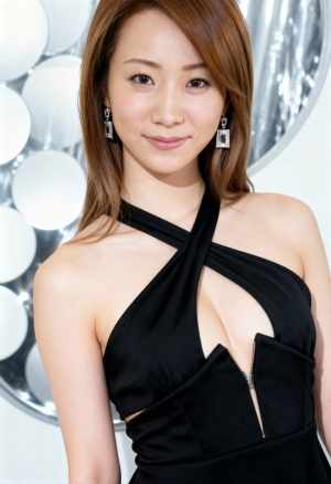 胸の谷間が見える、大きく開いたネックラインの黒いドレスを着た、長い茶色の髪を持つ若い...。