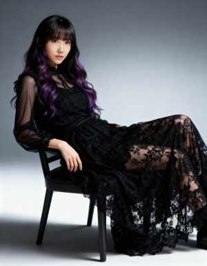袖が透けた黒いレースのロングドレスを着て椅子に座っている若い女性を横から撮った写実的な写真。