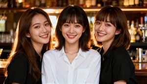 バーに座ってカメラに向かって微笑む 3 人の若い女性。