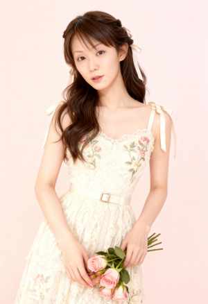 ピンクのバラの花束を持った白いレースのドレスを着た若い女性を正面カメラの角度から撮影...。