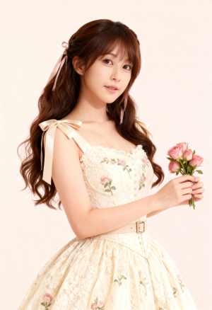 花柄の明るい色のドレスを着て、ピンクのバラの花束を持った若い女性をポートレートアング...。