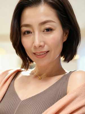 濃い茶色の短い髪と白い肌をした中年アジア人女性が、カメラに向かって微笑んでいるポートレート。