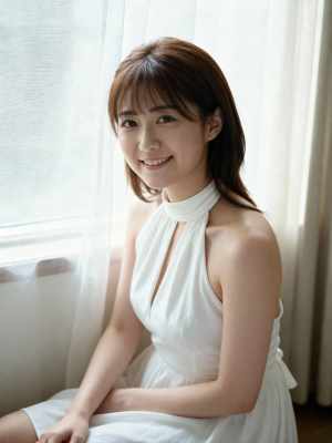 ホルターネックの白いノースリーブのドレスを着て、窓の前に座っている若い女性の写実的な...。