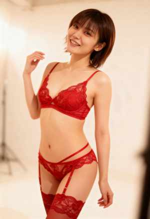 スタジオ設定で自信を持ってポーズをとる赤いレースのランジェリーセットを着た若い女性を...。