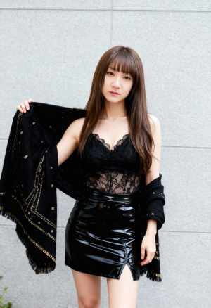 黒いショールを持ち、灰色の壁に自信を持って立っている若い女性を正面カメラのアングルか...。