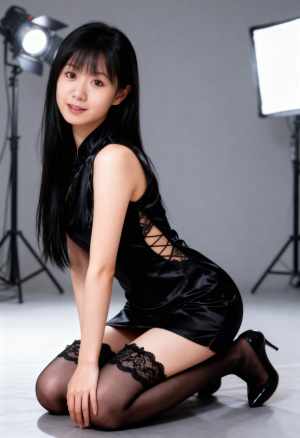 写真スタジオでポーズをとり、笑顔で地面にしゃがむ若い女性を横から撮影した写真。