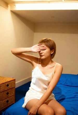 白いスリップドレスを着て片手で目を覆い、瞑想的な表情でベッドに座る若い女性を横から撮...。