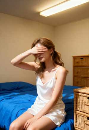 白いスリップドレスを着て手で目を覆い、ベッドに座っている若い女性を横から撮った写実的な写真。