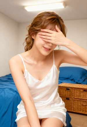 白いシルクのスリップドレスを着て手で目を覆い、ベッドに座っている若い女性を横から撮っ...。