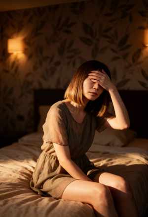 花柄の壁紙と壁取り付け用燭台が 2 つある薄暗い寝室で、ベッドに座って手で目を覆って...。