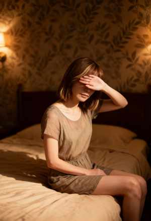 花柄の壁紙と壁取り付け用燭台が 2 つある薄暗い寝室で、ベッドに座って手で目を覆って...。
