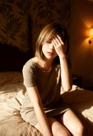 柔らかく暖かい光に照らされて、頭を両手で抱えてベッドに座っている若い女性を横から撮影...。