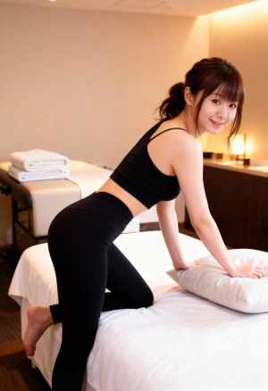 黒のタンクトップとタイトな黒のレギンスを着た若い女性がスパのマッサージ テーブルでポ...。