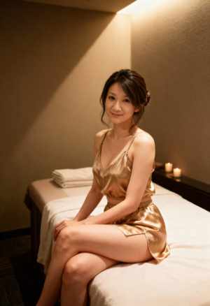 シルクのような金色のサテンの衣装を着て、スパのマッサージ テーブルに座っている若い女...。