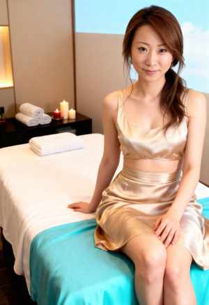 スパのマッサージ テーブルに座っている若い女性を正面から写実的に撮影した写真。