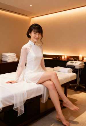 スパのマッサージ テーブルに座る、透け感のある袖の白いドレスを着た若い女性を正面から...。