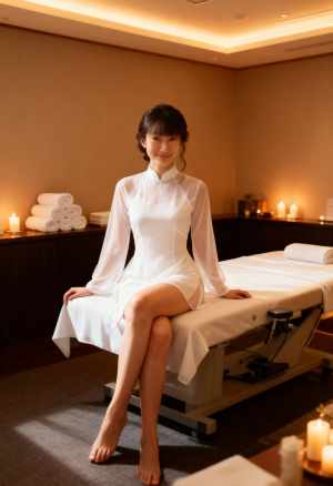 白いドレスを着て、スパのマッサージ テーブルに座っている若い女性を正面から写実的に撮...。