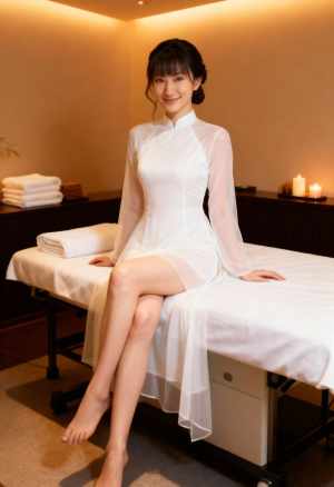 白いアオザイ ドレスを着て、スパのマッサージ テーブルに座っている若い女性を正面から...。