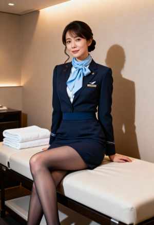 紺色の制服を着て、水色のスカーフを巻いた客室乗務員がホテルの部屋のマッサージテーブル...。