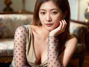 長くストレートな茶色の髪と白い肌を持つ若い女性が写実的に写実的に描かれており、画像の...。