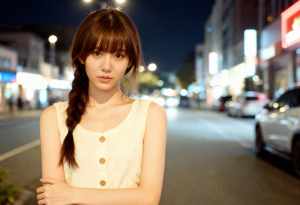 ボタンの付いたノースリーブの白いトップスを着て、夜の街路の真ん中に立つ若い女性をポー...。