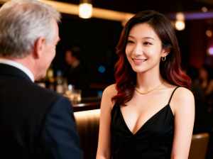 薄暗いレストランのテーブルに座り、フォーマルな雰囲気の中で男性に微笑む黒いドレスを着...。