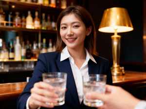 薄暗いバーで、後ろの棚に置かれた酒瓶のぼかした背景を背景に、グラス 2 杯の水を持っ...。