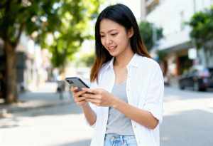 街の通りに立って、笑顔で携帯電話を見ているアジア系の若い女性。