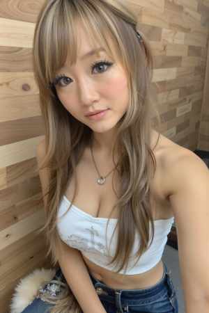 カジュアルな雰囲気の中で木製の壁に向かってポーズをとる、長くストレートな明るい茶色の...。