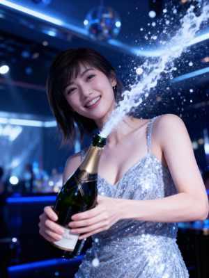 輝くシルバーのドレスを着た女性がシャンパンのボトルを持ち、お祝いの雰囲気を漂わせるフ...。