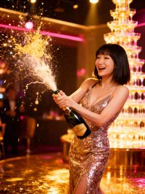 輝くスパンコールのドレスを着た女性がシャンパンのボトルを持ち、お祝いの雰囲気で祝って...。