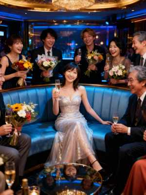 正装をした6人のゲストに囲まれ、青いベルベットのソファに座る花嫁が花束を持ち、シャン...。