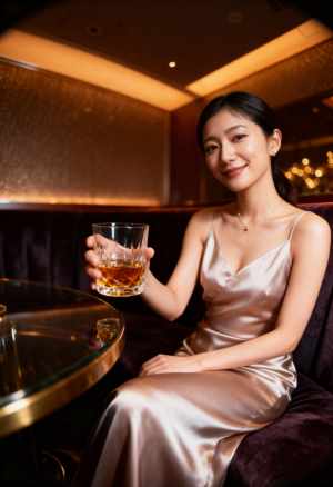 薄暗いレストランで、ウィスキーを飲みながらテーブルに座る女性を正面カメラのアングルか...。