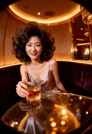 薄暗いレストランの雰囲気の中で、ウィスキーを飲みながらテーブルに座る女性を、少し斜め...。