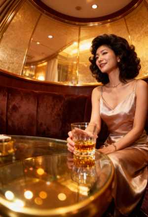 シルクのようなサテンのドレスを着て、ウィスキーを飲みながらテーブルに座る女性を横から...。
