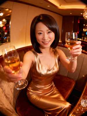 豪華な環境の中でシャンパンを 2 杯持つ女性を正面カメラのアングルから写実的に撮影し...。