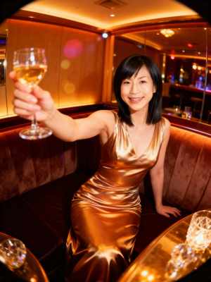 高級レストランで白ワインを飲みながらセルフィーを撮る女性を円形の視点から写実的に撮影...。