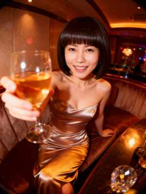 薄暗いバーの中でコニャックのグラスを持った女性を正面から写実的に撮影したもの。