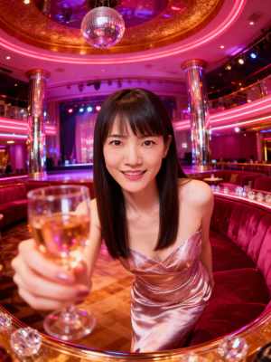 薄暗いナイトクラブの環境でシャンパンのグラスを持った若い女性を正面から写実的に撮影したもの。