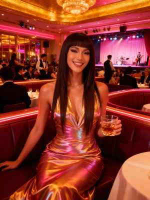 薄暗いレストランの雰囲気の中で、光沢のあるメタリックなドレスを着てウィスキーのグラス...。