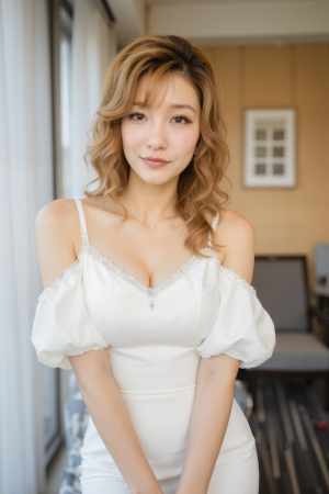 屋内で自信を持ってポーズをとる、白いドレスを着たウェーブのかかった茶色の髪の若い女性...。