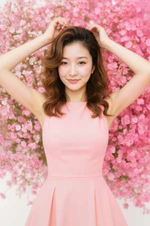 ピンクの桜の花を背景にポーズをとる若い女性をポートレート カメラ アングルから撮影し...。