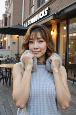 屋外カフェのスターバックス コーヒー ショップの前に立つ若いアジア人女性を、ポートレ...。