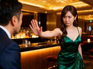 薄暗いバーに立っている緑のドレスを着た女性が、フォーマルなスーツを着た男性に向かって...。