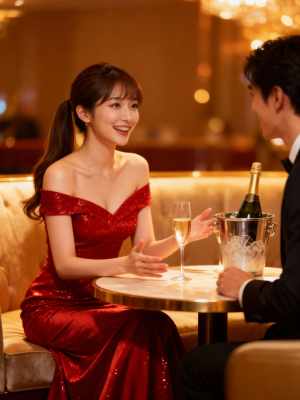 見事な赤いスパンコールのドレスを着た若い女性が豪華なレストランのテーブルに座り、シャ...。
